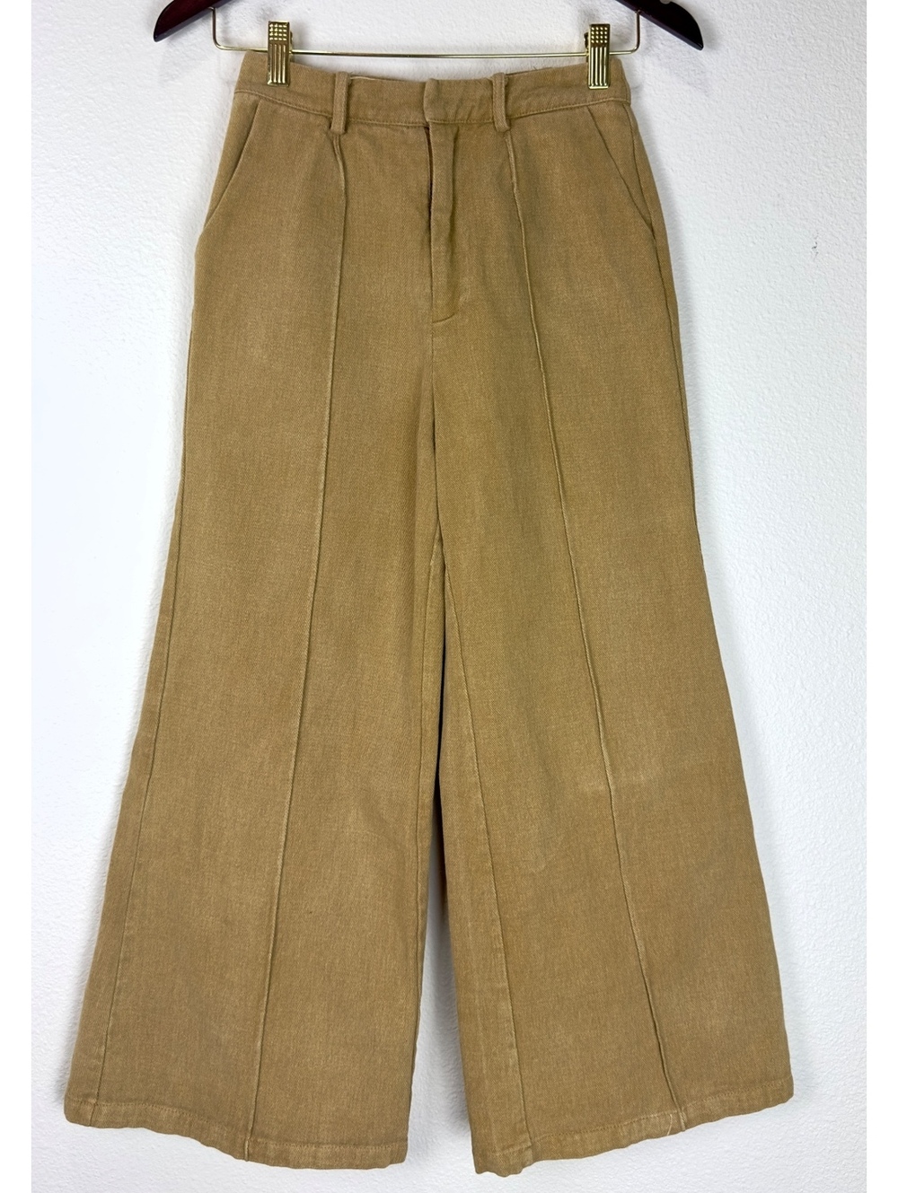 Moodie Women’s XS Tan Wide Leg Pants High Rise Pleated Linen Look Trousers